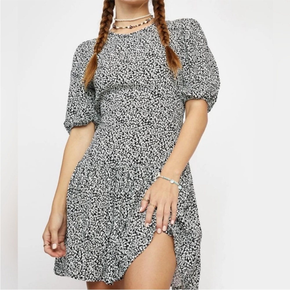 Free People Black and White Puff Sleeve Mini Dress